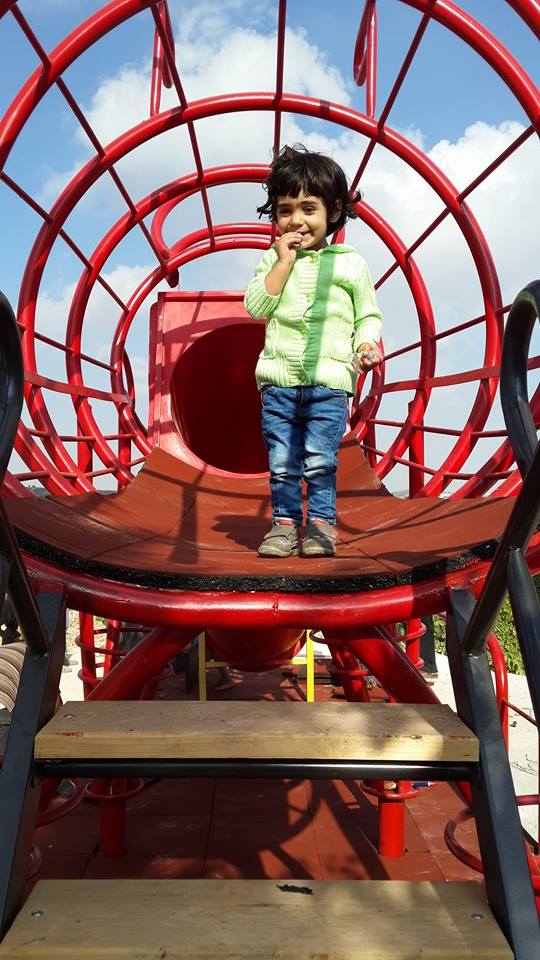 Young child pauses before going to the slide